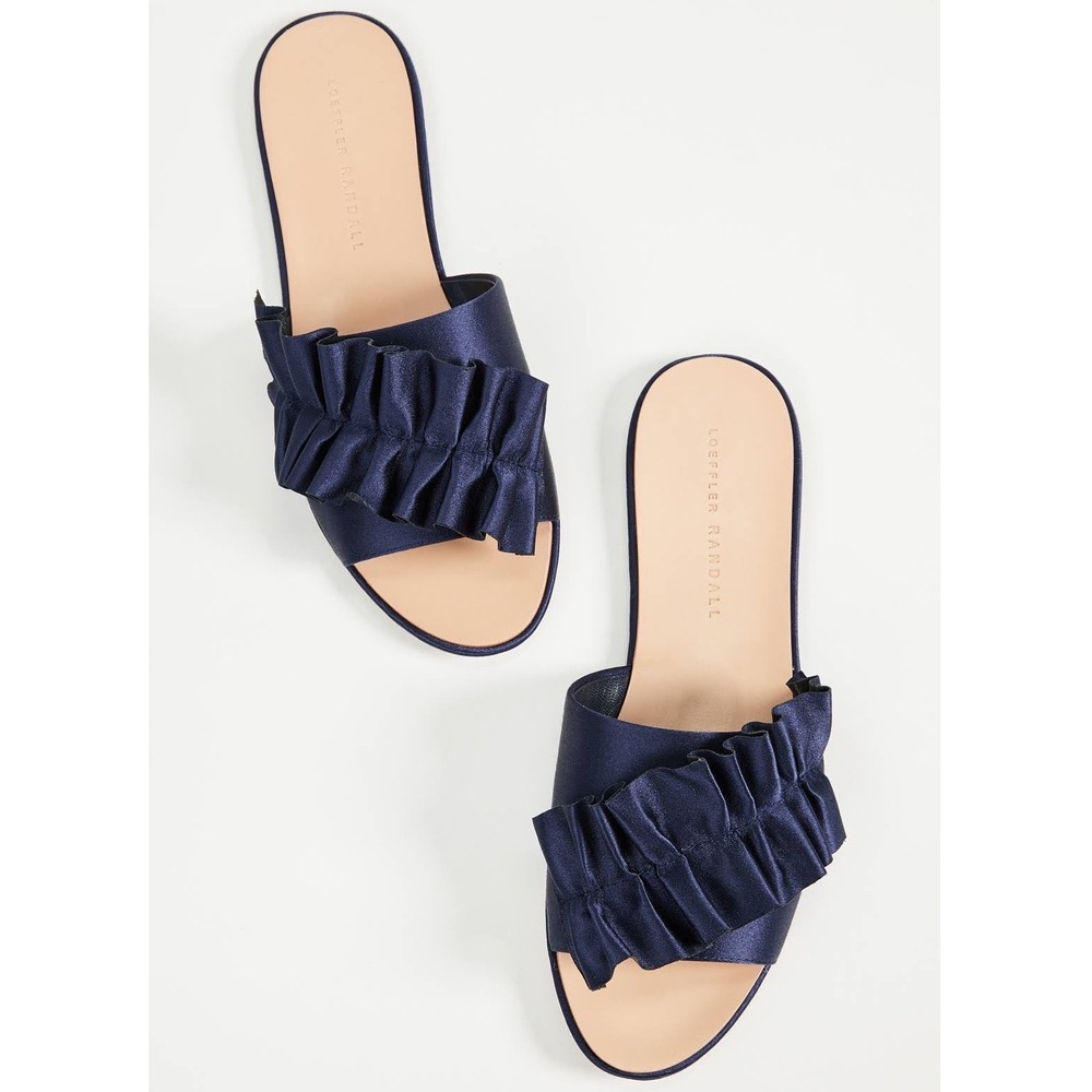 Loeffler Randall REY SANDAL ECLIPSE NAVY SATIN 8.5 Ruffle Flats Chic Feminine